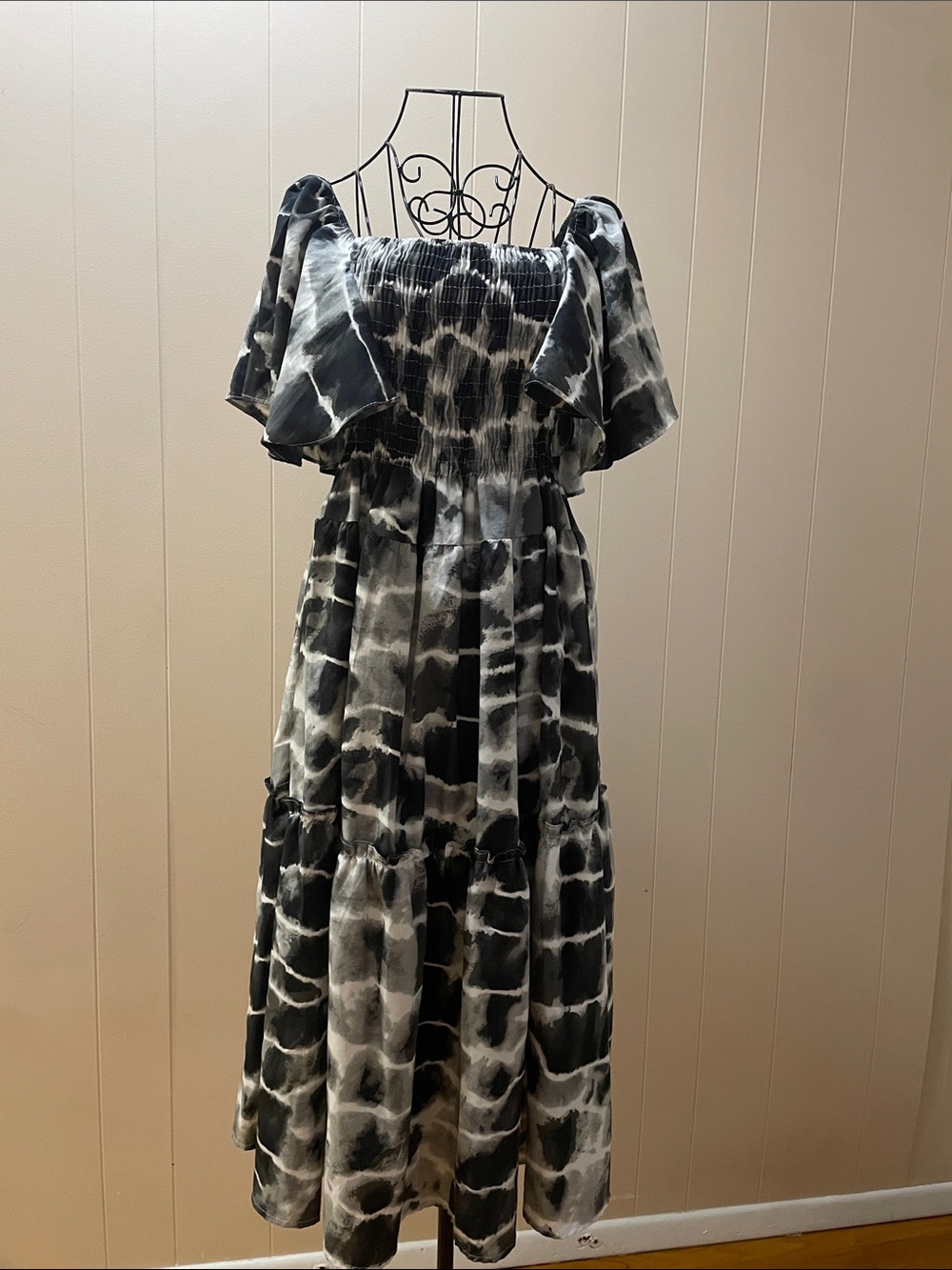 Black & White Tie-Dye Maxi Dress - Women's Smocked Bodice